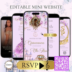 Puede incluir: Una invitación digital para una Quinceañera, mostrada en varios teléfonos inteligentes. El diseño presenta un fondo lavanda con detalles florales, un botón dorado de RSVP y el texto "EDITABLE MINI WEBSITE". La invitación incluye un código QR y el logotipo de Canva.