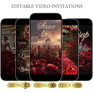 Red Roses Video Invitation Rose Quinceanera Sweet 15 16 Birthday Digital Invite Animated Quince Años Red Mobile Save The Date RSVP Evite