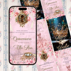 May include: Pink Quinceanera invitations and phone case design. The invitations feature a pink background with floral and carriage illustrations. The phone case displays the invitation design. The text reads "Quinceanera" and "Save the Date".
