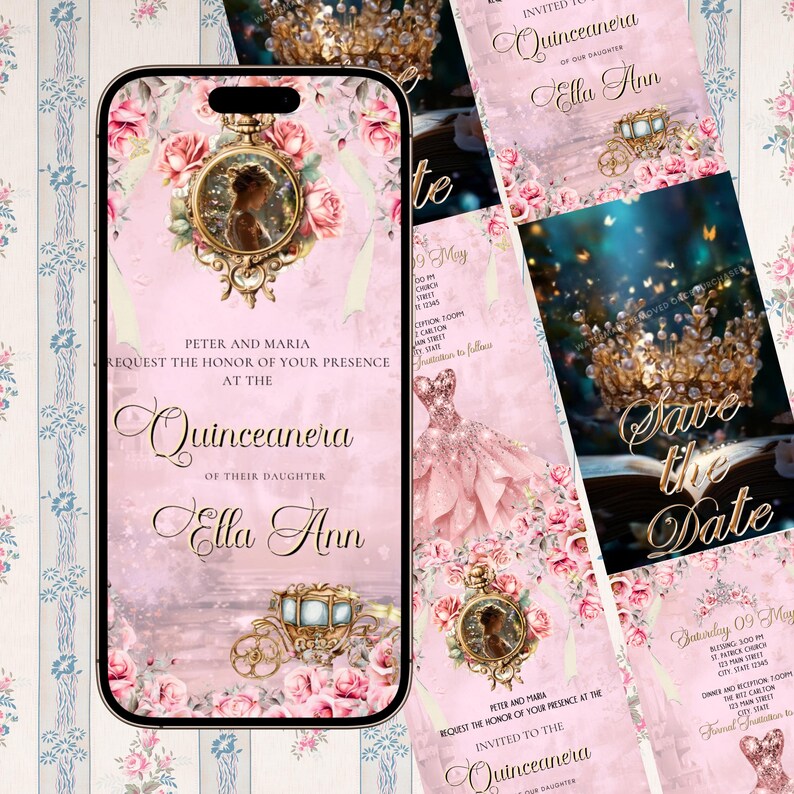 May include: Pink Quinceanera invitations and phone case design. The invitations feature a pink background with floral and carriage illustrations. The phone case displays the invitation design. The text reads "Quinceanera" and "Save the Date".