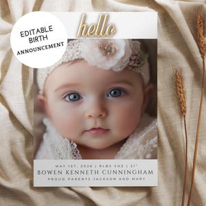 Plantilla de anuncio de nacimiento con foto, diseño de tarjeta de bebé, digital, editable, Canva, personalizable, revelación en redes sociales, tarjeta de Hola mundo para recién nacidos