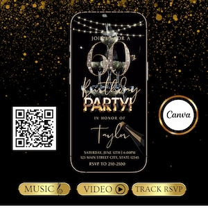 以下が含まれることがあります： 黒い背景に金のグリッター、シャンパンタワー、そしてJoin us for a 60th Birthday Party in honor of Taylor, Saturday, June 12th, 6:00PM, 123 Main Street City, State 12345, RSVP to 210-2100と書かれたテキストが表示されたスマートフォン画面のデジタル招待状。