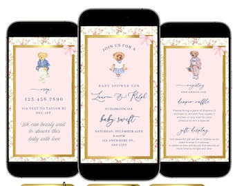 Polo Bear Baby Shower Video Invitation Template | Editable Canva Baby Shower Invite | Pink Spring RSVP Tracker | Teddy Bear Baby Boy Shower