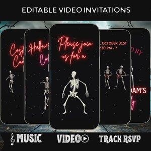 May include: A series of black smartphone screens displaying Halloween-themed video invitations. Each screen features a skeleton graphic and neon text, including phrases like "Costume Contest" and "Please join us for a". The top banner reads "EDITABLE VIDEO INVITATIONS".