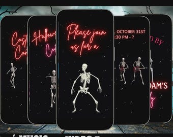 Spooky Skeleton Video Invitation Halloween Party Animated Evite Party Costume Mobile Personalized Canva Template Phone MP4 Evite