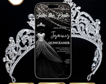 Quinceañera Video Invitation Princess Sweet 15 Black and Silver Dress Sweet 16 Birthday Invite Mobile Quince Años Save The Date RSVP Tracker