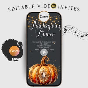 Digital Thanksgiving Videoeinladung Herbst Kürbis bearbeitbare Einladung Canva Vorlage animierte Thanksgiving Dinner Ernte Handy Einladung