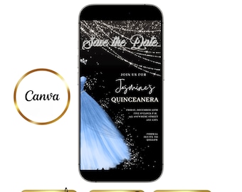 Quinceanera Video Invitation Princess Sweet 15 Light Blue Sweet 16 Birthday Invite Animated Quince Años Save The Date with RSVP Tracker