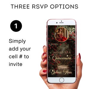 May include: A smartphone screen shows a Quincea&ntilde;era invitation with a woman in a red dress and roses. The phone is held in a hand with red nail polish. Text on the phone reads "YOU are INVITED TO A Quincea&ntilde;era of our daughter Selina Ann."