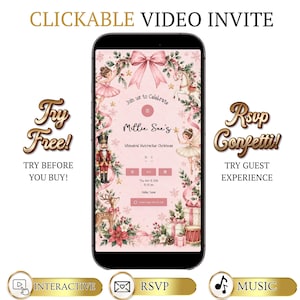 May include: A smartphone screen displaying a digital invitation with a pink background, featuring illustrations of a nutcracker, a ballerina, a deer, and a carousel horse, with text reading Millie Sue's Whimsical Nutcracker Christmas.
