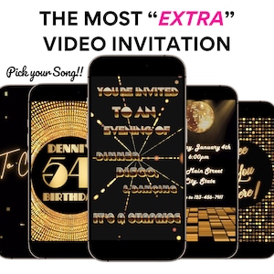 Gold Disco Video Invitation Animated Disco Birthday party theme evite Retro 70s Birthday dinner mobile invite Studio 54 invite with music