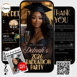 May include: A graduation party invitation on a smartphone screen. The invitation features a photo of a woman in a graduation cap, the text "Debrah's 2026 Graduation Party," and a champagne flute. Additional screens show details and thank you messages.