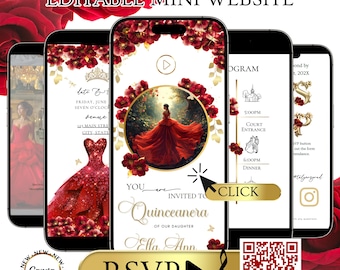 May include: A digital invitation design for a Quinceañera, displayed on several smartphones. The design features a red gown, floral accents, and the text "EDITABLE MINI WEBSITE." The invitation includes RSVP and event details.