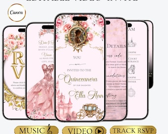 Pink Quinceanera Video Invitation Digital Editable Canva Template Mis Quince Anos Sweet 16 Invitation Download RSVP tracking music website