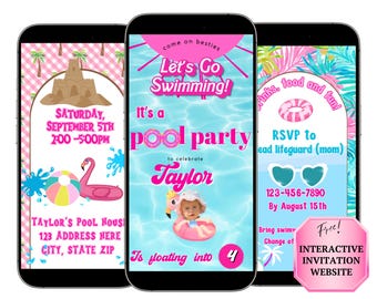 Pink Pool Party Video Invitation, Summer Swimming Birthday Invite, Kids Party Canva Template, Editable Birthday Video Invite, RSVP Website
