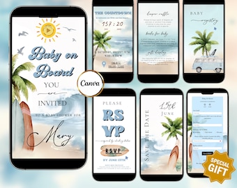Baby on Board Surf Baby Shower Video Invitation with RSVP Tracker, Music | Beach Surf Boy Shower, Editable Interactive Canva Invite Website