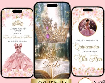 Pink Quinceañera Invitation Video Gold Floral Royal Sweet 15 16 Girls Birthday Digital Invite Animated Quince Años Save The Date RSVP