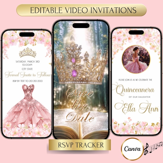 Pink Quinceañera Invitation Video Gold Floral Royal Sweet 15 16 Girls Birthday Digital Invite Animated Quince Años Save The Date RSVP