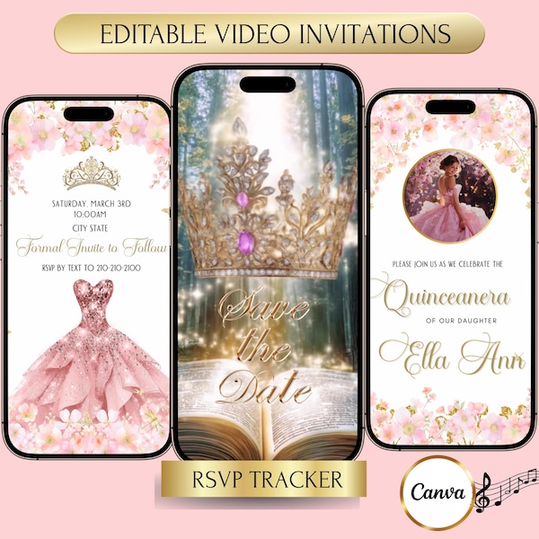 Pink Quinceañera Invitation Video Gold Floral Royal Sweet 15 16 Girls Birthday Digital Invite Animated Quince Años Save The Date RSVP