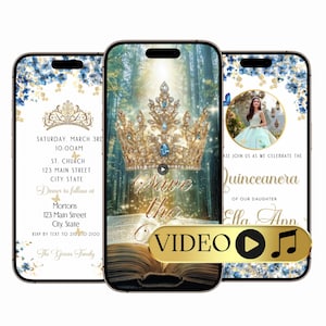 Pode incluir: Três smartphones exibem convites de Quinceañera. Os convites apresentam uma coroa dourada, detalhes florais e o texto "Save the Date" e "Vídeo". Um convite inclui detalhes do evento: data, hora, local e informações de RSVP.