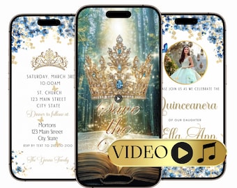 May include: Three smartphones displaying Quinceañera invitations. The invitations feature a gold crown, floral accents, and the text "Save the Date" and "Video". One invitation includes event details: date, time, location, and RSVP information.
