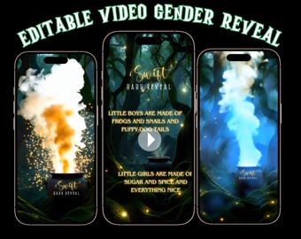 May include: Three smartphones display a gender reveal video. The text "EDITABLE VIDEO GENDER REVEAL" arches across the top. Each phone shows a cauldron with smoke in orange, white, and blue. Text on the screens reads "LITTLE BOYS ARE MADE OF FROGS AND SNAILS AND PUPPY-DOG TAILS" and "LITTLE GIRLS ARE MADE OF SUGAR AND SPICE AND EVERYTHING NICE."