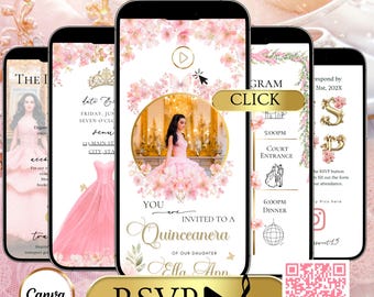 Pink Quinceanera Video Invitation Digital Canva Editable Template for Sweet 15 RSVP Website Mis Quince Anos Sweet 16 Invitation Download