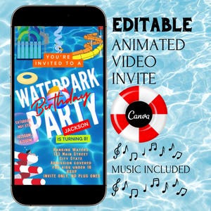 Waterpark invite editable video template splash party animated evite canva swim summer birthday digital mp4 instant download Water park
