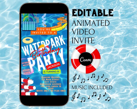 Waterpark Birthday Party Animated Video Invite (Canva, MP4 Digital Download)
