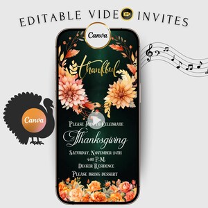 Bearbeitbares Thanksgiving-Videoeinladung Animiertes Erntedankfest Evite Friendsgiving Digital Invite Herbstkürbis Sofortiger Download für Handys Text