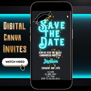 Neon Graduation Video Invitation, 2025 Grad Party Video Invite, Canva Template, Editable Invite, Instant Download, Digital Evite, Text SMS