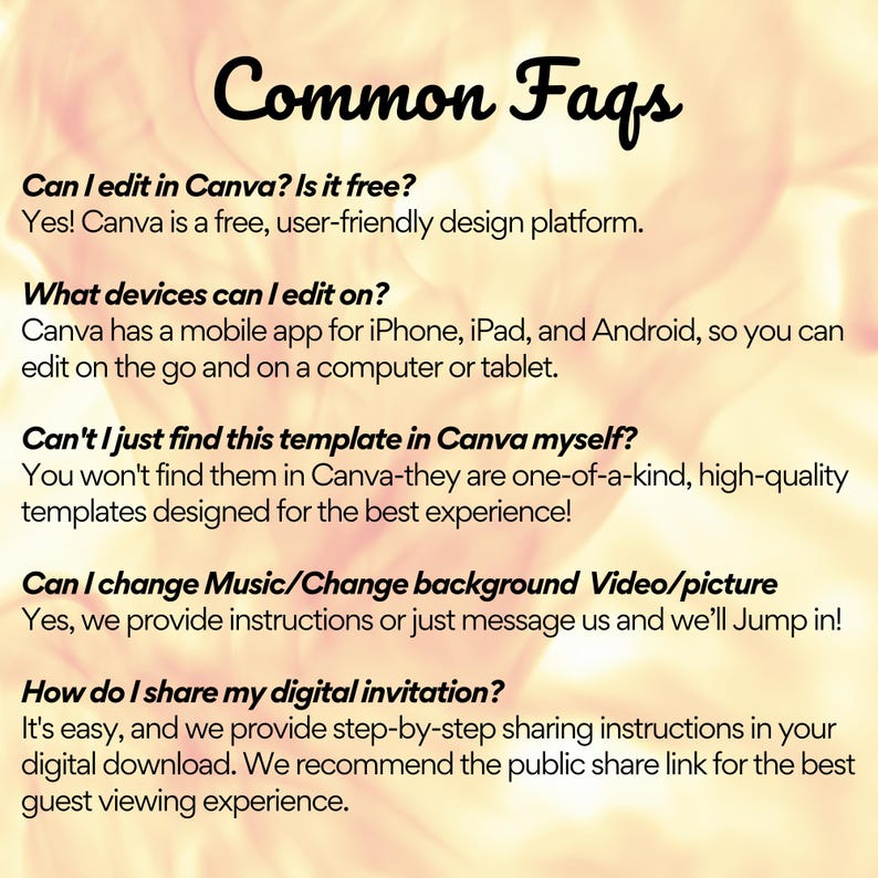 May include: A text-based graphic with a peach background and the title "Common Faqs" in a bold, cursive font. The graphic provides answers to frequently asked questions about editing and sharing digital invitations using Canva.