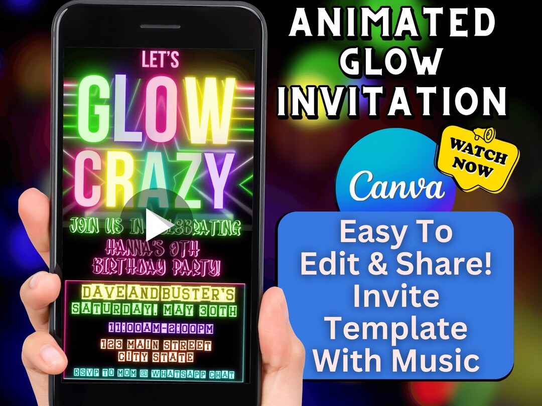 Glow Party Video Invitation Neon Glow Video Invitation Canva Etsy