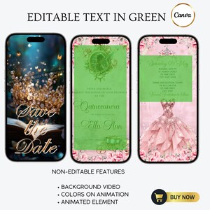 May include: Three smartphone screens displaying event invitation templates. The first shows a "Save the Date" design. The second features a Quinceanera invitation. The third showcases a pink dress design. Text includes "Editable Text in Green" and "Buy Now".