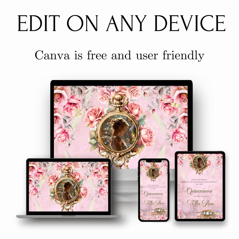 May include: A digital design displayed on various devices, including a laptop, desktop, tablet, and phone. The design features a pink floral background with a vintage-style portrait. Text on the screen reads "EDIT ON ANY DEVICE" and "Canva is free and user friendly."