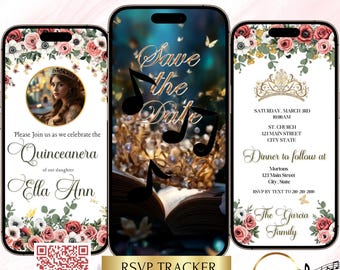 Quinceañera Video Invitation, Editable Sweet 16 Evite, Animated Quince Sweet 15 invite, Interactive website RSVP tracking, countdown, music