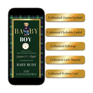 Polo Bear baby shower interactive website invitation featuring preppy green and navy plaid, gold accents, and animated bear graphics. Includes RSVP button, countdown timer, diaper raffle, books for baby, registry links, and event details. Fully editable Canva template optimized for mobile viewing. Perfect for luxury baby boy showers and preppy Ralph Lauren–inspired celebrations.