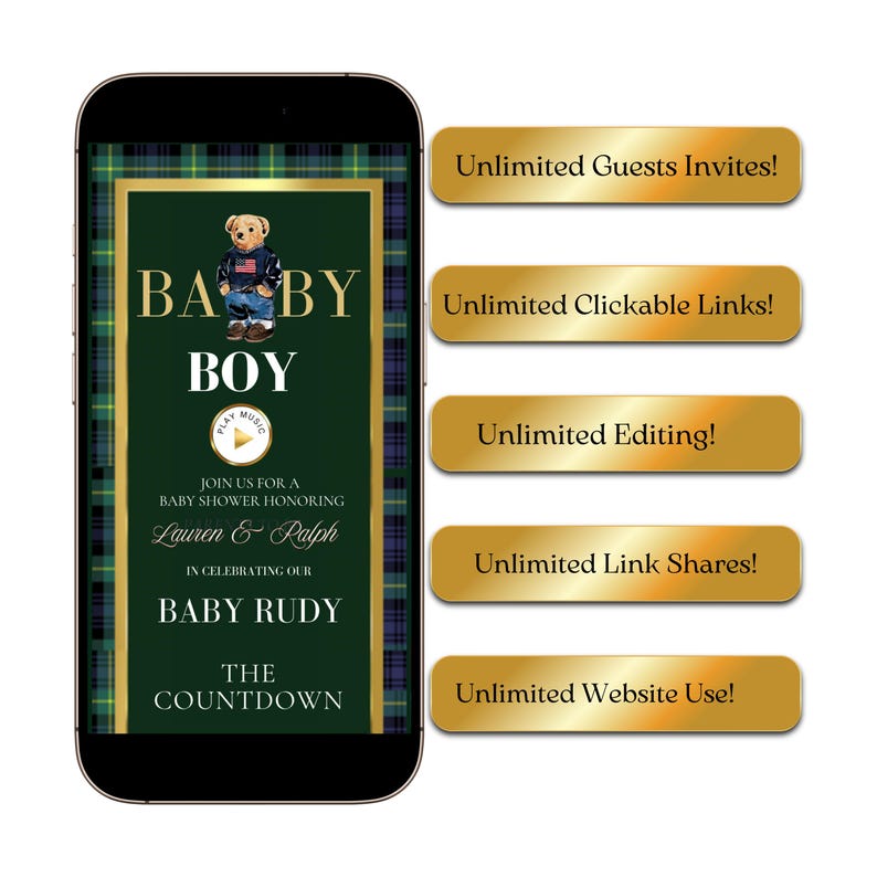 Polo Bear baby shower interactive website invitation featuring preppy green and navy plaid, gold accents, and animated bear graphics. Includes RSVP button, countdown timer, diaper raffle, books for baby, registry links, and event details. Fully editable Canva template optimized for mobile viewing. Perfect for luxury baby boy showers and preppy Ralph Lauren–inspired celebrations.
