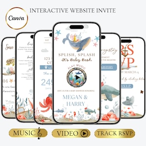 以下が含まれることがあります： インタラクティブなベビーシャワーの招待状を表示する一連のスマートフォン画面。デザインは、クジラやタツノオトシゴなど、水生生物の水彩イラストを特徴としています。「Splish, Splash It's Baby Bash」とRSVPの詳細を含むテキスト。