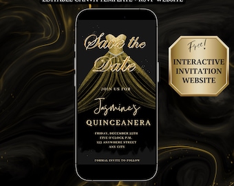 Black and Gold Quinceanera Video Invitation Digital RSVP Editable Template for Sweet 15 Save the Date Evite Mis Quince Anos Sweet 16 Invite