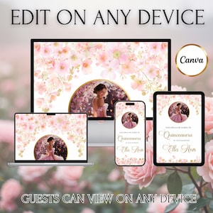 May include: A digital Quincea&ntilde;era invitation design shown on multiple devices: laptop, desktop, tablet, and phone. The design features a young woman in a pink dress, surrounded by pink floral elements. Text includes "Quincea&ntilde;era" and "Ella Ann."