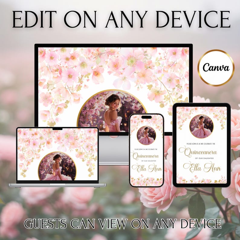 May include: A digital Quincea&ntilde;era invitation design shown on multiple devices: laptop, desktop, tablet, and phone. The design features a young woman in a pink dress, surrounded by pink floral elements. Text includes "Quincea&ntilde;era" and "Ella Ann."