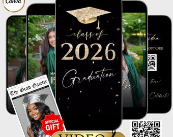 Invito di laurea della classe del 2026, modello video modificabile, annuncio animato, invito digitale, invito fotografico, oro, download immediato, Canva