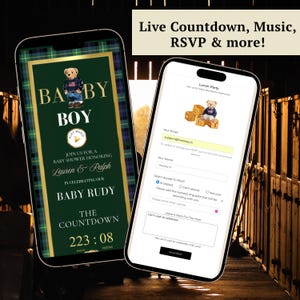 Polo Bear baby shower interactive website invitation featuring preppy green and navy plaid, gold accents, and animated bear graphics. Includes RSVP button, countdown timer, diaper raffle, books for baby, registry links, and event details. Fully editable Canva template optimized for mobile viewing. Perfect for luxury baby boy showers and preppy Ralph Lauren–inspired celebrations.
