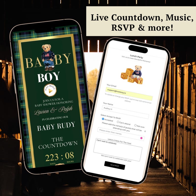 Polo Bear baby shower interactive website invitation featuring preppy green and navy plaid, gold accents, and animated bear graphics. Includes RSVP button, countdown timer, diaper raffle, books for baby, registry links, and event details. Fully editable Canva template optimized for mobile viewing. Perfect for luxury baby boy showers and preppy Ralph Lauren–inspired celebrations.