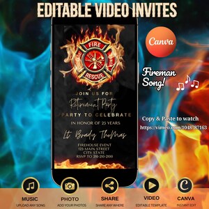 Fireman video evite editable Canva template
Fire truck firefighter birthday animated invitation
Custom kids party digital MP4 invite emergency theme
Editable fireman party video card
Personalized animated fireman birthday invitation