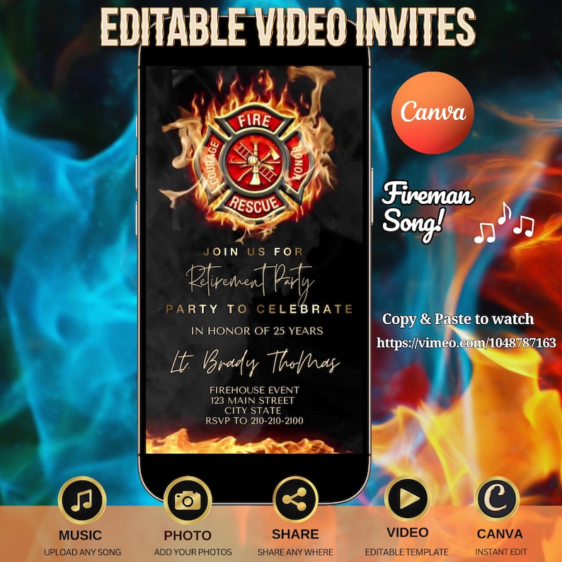 Fireman video evite editable Canva template
Fire truck firefighter birthday animated invitation
Custom kids party digital MP4 invite emergency theme
Editable fireman party video card
Personalized animated fireman birthday invitation