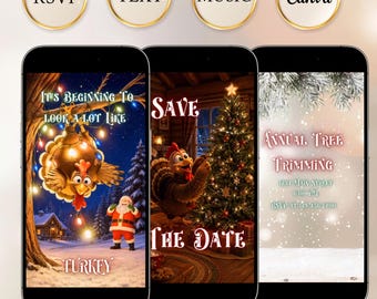 Turkey Christmas Tree Trimming Video Invitation Editable Canva Template Thanksgiving Christmas Party Invite Holiday Tree Decorating Evite