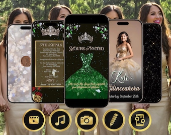 Invitación de video de quinceañera, Evite verde y dorado, invitación de cumpleaños de 15 y 16 con RSVP, invitación de quince animada para teléfono móvil con música