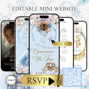 Puede incluir: Diseño de invitación digital para una Quinceañera, mostrado en varios teléfonos inteligentes. El diseño presenta arreglos florales, una ilustración de carroza y el texto "RSVP". La invitación incluye un código QR y el texto "Editable Mini Website".
